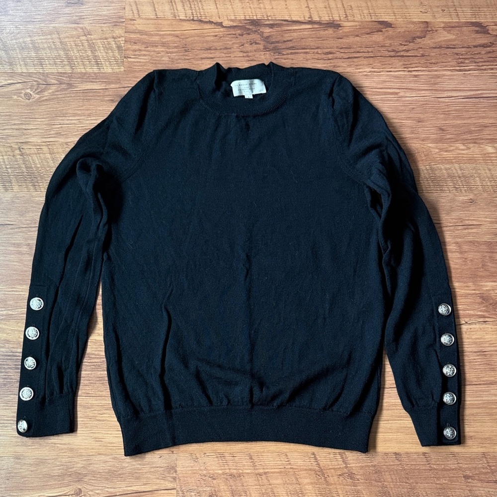 Sezane Paulo Black Crewneck Sweater with Decorative Sleeve Buttons